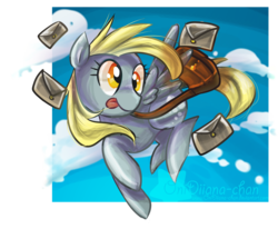 Size: 1700x1400 | Tagged: safe, artist:onidiiana-chan, derpy hooves, pegasus, pony, g4, bag, female, flying, letter, mare