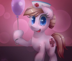 Size: 2600x2200 | Tagged: safe, artist:surgicalarts, nurse redheart, g4, :d, balloon, hoof hold, looking at you, open mouth, open smile, raised hoof, smiling, solo