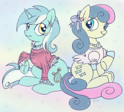 Size: 942x848 | Tagged: safe, artist:opallene, bon bon, lyra heartstrings, sweetie drops, earth pony, pony, unicorn, g4, abstract background, bow, clothes, duo, ear piercing, earring, heart, jewelry, necklace, piercing, ribbon, smiling, sweater