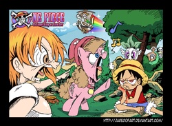 Size: 1365x1000 | Tagged: safe, artist:jaredofart, derpy hooves, pegasus, pony, g4, crossover, female, going merry, letterboxing, mare, monkey d. luffy, nami, one piece, pandaman, pony pony chopper, roronoa zoro, sogeking, style emulation, usopp