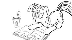 Size: 1280x720 | Tagged: safe, artist:rainb0wdashie, twilight sparkle, pony, g4, black and white, book, color me, grayscale, lineart, monochrome, solo