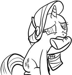 Size: 655x675 | Tagged: safe, artist:rainb0wdashie, rarity, pony, g4, biting, black and white, grayscale, hoof biting, lineart, monochrome, solo