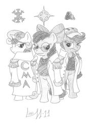 Size: 952x1315 | Tagged: safe, artist:limpurtikles, apple bloom, scootaloo, sweetie belle, g4, borsalino, clothes, cosplay, costume, cutie mark crusaders, kuzan, monochrome, one piece, parody, sakazuki (one piece), traditional art