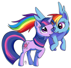 Size: 500x477 | Tagged: safe, artist:goddessoftherain, rainbow dash, twilight sparkle, pegasus, pony, unicorn, g4, female, flying, grin, looking at each other, mare, raised hoof, ship:twidash, shipping, simple background, smiling, transparent background, unicorn twilight, wink