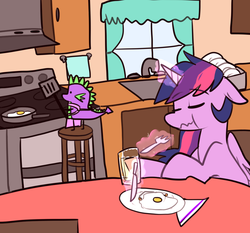 Size: 1061x988 | Tagged: safe, artist:ghost, spike, twilight sparkle, alicorn, pony, g4, breakfast, cooking, egg (food), female, food, fork, knife, mare, morning ponies, napkin, plate, twilight sparkle (alicorn)