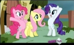 Size: 473x285 | Tagged: safe, screencap, fluttershy, pinkie pie, rarity, g4, putting your hoof down, hub logo