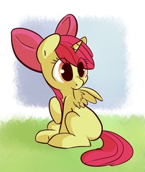 Size: 1024x1213 | Tagged: safe, artist:postscripting, apple bloom, alicorn, pony, g4, alicornified, bloomicorn, preening, race swap, solo, style emulation