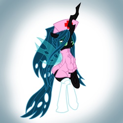Size: 2000x2000 | Tagged: safe, artist:pyruvate, queen chrysalis, changeling, changeling queen, pony, g4, bipedal, cap, clothes, female, hat, nurse, socks