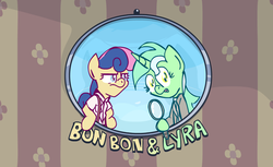 Size: 1179x720 | Tagged: safe, artist:scrimpeh, bon bon, lyra heartstrings, sweetie drops, pony, g4, bipedal, bon bon is not amused, clothes, magnifying glass, text