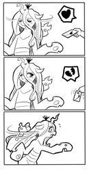 Size: 480x945 | Tagged: dead source, safe, artist:freedomthai, queen chrysalis, oc, oc:anon, human, g4, blushing, comic, crying, cute, cutealis, grayscale, heartbreak, letter, monochrome, regret, tsundalis, tsundere