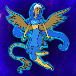 Size: 500x500 | Tagged: safe, artist:pidgeonheadedideas, gilda, human, anthro, g4, blue background, boots, crossover, female, god tier, hero of breath, homestuck, hood, humanized, shoes, simple background, solo, spread wings, tail, tailed humanization, thief of breath, winged humanization, wings