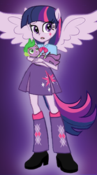 Size: 284x512 | Tagged: safe, edit, spike, twilight sparkle, anthro, equestria girls, g4, alternative cutie mark placement, baby spike, clothes, equestria girls prototype, facial cutie mark, human spike, mama twilight, ponied up, skirt, tail, wings