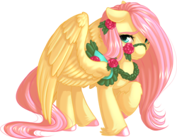 Size: 1204x951 | Tagged: safe, artist:kittehkatbar, fluttershy, pegasus, pony, g4, bridle, colored eyebrows, colored hooves, cute, female, flower, harness, large wings, leg fluff, looking at you, mare, raised hoof, rose, saddle, shy, simple background, solo, spread wings, transparent background, unshorn fetlocks, wings