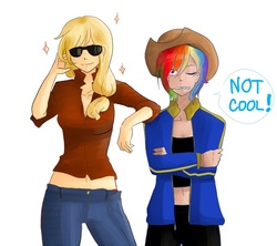 Size: 731x650 | Tagged: safe, artist:chika_rosio, applejack, rainbow dash, human, g4, accessory swap, glasses, hat, humanized, pixiv, sunglasses