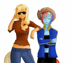 Size: 730x650 | Tagged: safe, artist:chika_rosio, applejack, rainbow dash, anthro, g4, glasses, hat, human facial structure, humanized