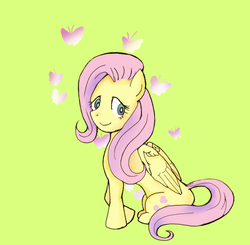 Size: 661x647 | Tagged: artist needed, safe, fluttershy, butterfly, pony, g4, female, pixiv, simple background, solo