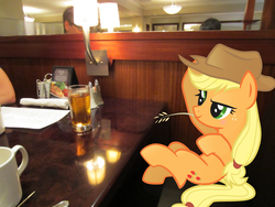 Size: 4000x3000 | Tagged: safe, artist:waycool64, applejack, earth pony, human, pony, g4, apple juice, female, glass, irl, irl human, lights, mare, pepper, photo, ponies in real life, restaurant, salt, table, vector