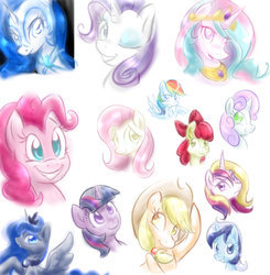 Size: 1024x1047 | Tagged: safe, artist:chantylii, apple bloom, applejack, fluttershy, minuette, nightmare moon, pinkie pie, princess cadance, princess celestia, princess luna, rainbow dash, rarity, sweetie belle, twilight sparkle, g4, mane six