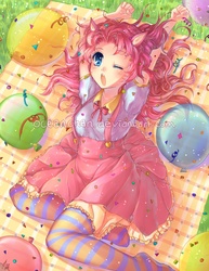 Size: 600x776 | Tagged: safe, artist:oceanchan, pinkie pie, human, g4, balloon, eared humanization, humanized, solo