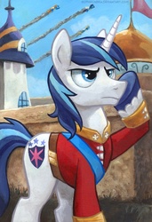 Size: 560x819 | Tagged: safe, artist:kenket, artist:spainfischer, shining armor, soarin', spitfire, surprise (g4), pegasus, pony, unicorn, g4, clothes, male, salute, solo focus, stallion, traditional art, uniform, wonderbolts