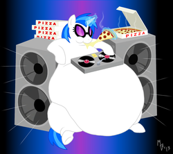 Size: 1876x1667 | Tagged: dead source, safe, artist:lollipoppaintbrush, dj pon-3, vinyl scratch, pony, unicorn, g4, belly, eating, fat, female, food, horn, impossibly large belly, magic, mare, meat, morbidly obese, obese, pepperoni, pepperoni pizza, pizza, vinyl fat, wub-tub