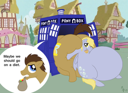 Size: 1300x941 | Tagged: safe, artist:lollipoppaintbrush, derpy hooves, doctor whooves, time turner, pegasus, pony, g4, aderpose, bhm, doctor who, doorway, fat, female, food, impossibly large butt, jelly babies, mare, morbidly obese, muffin, need to go on a diet, need to lose weight, obese, stuck, tardis, the ass is monstrously oversized for tight entrance, the ass was fat, the ass was too fat, the doctor, too fat, too fat to fit, too fat to get through