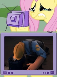 Size: 438x600 | Tagged: safe, fluttershy, g4, crying, engineer, engineer (tf2), exploitable meme, fluttercry, sentry, story of a sentry, team fortress 2, tv meme