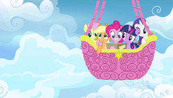 Size: 1280x720 | Tagged: safe, screencap, applejack, fluttershy, pinkie pie, rarity, twilight sparkle, g4, my little pony: friendship is magic, wonderbolts academy, balloon, box, happy, hot air balloon, smiling, wallpaper