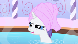 Size: 1280x720 | Tagged: safe, screencap, rarity, pony, g4, green isn't your color, female, solo, spa, towel, wet