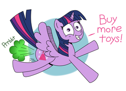 Size: 800x575 | Tagged: dead source, safe, artist:jay muniz, twilight sparkle, alicorn, pony, g4, buy our toys, fart, fart cloud, fart noise, female, flying, grin, illuminati, looking at you, mare, smiling, solo, spread wings, twilight fartle, twilight sparkle (alicorn), wide eyes
