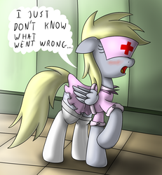 Size: 1200x1300 | Tagged: safe, artist:ziemniax, derpy hooves, pegasus, pony, series:ziemniax's nurse ponies, g4, blushing, clothes, cute, derpabetes, female, i just don't know what went wrong, mare, nurse, socks, solo, stockings, thigh highs, wardrobe misuse