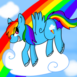 Size: 1000x1000 | Tagged: safe, artist:fuchsiafoxx, rainbow dash, g4, flying, looking back, rainbow, side view, solo, spread wings, wings