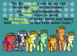 Size: 1105x800 | Tagged: safe, artist:aa, tag-a-long, oc, oc:berry munch, oc:do-si-do, oc:dulce deleche, oc:samoa, oc:savannah smile, oc:trefoil, ask a filly scout, g4, ask, filly guides