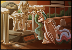 Size: 900x628 | Tagged: safe, artist:inuhoshi-to-darkpen, princess celestia, oc, oc:shadow kicker, fanfic:the life and times of a winning pony, winningverse, g4, fanfic, fanfic art, gravestone, grief, immortality blues, implied death, royal guard, sad, statue