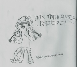 Size: 1280x1113 | Tagged: safe, artist:fefries-peixes, rarity, pony, unicorn, g4, bipedal, censored vulgarity, female, headband, mare, swearing, weight lifting, weights, workout, workout outfit, wristband