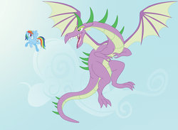 Size: 1280x939 | Tagged: safe, artist:elsdrake, rainbow dash, spike, dragon, pegasus, pony, g4, adult, adult spike, duo, flying, older, older spike, spike can fly, winged spike, wings