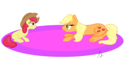 Size: 1024x498 | Tagged: safe, artist:xxthatsmytypexx, apple bloom, applejack, earth pony, pony, g4, apple sisters, duo, duo female, female, filly, foal, loose hair, mare, siblings, simple background, sisters, transparent background