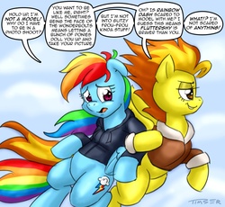 Size: 1031x948 | Tagged: safe, artist:pluckyninja, rainbow dash, spitfire, pegasus, pony, tumblr:sexy spitfire, g4, bomber jacket, clothes, duo, female, hoodie, jacket, mare, speech bubble, stupid sexy spitfire, text