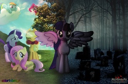 Size: 3200x2100 | Tagged: safe, artist:metadragonart, applejack, fluttershy, pinkie pie, rainbow dash, rarity, twilight sparkle, alicorn, pony, g4, female, gravestone, immortality blues, mare, sad, scared, twilight sparkle (alicorn)