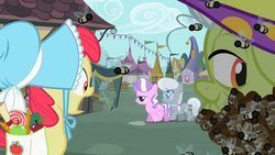 Size: 1280x720 | Tagged: safe, screencap, apple bloom, diamond tiara, granny smith, silver spoon, bee, earth pony, pony, family appreciation day, g4, apple, candy, carrot, female, filly, foal, food, grandmother and grandchild, grandmother and granddaughter, grandparent and grandchild, group, lollipop, mare, quartet