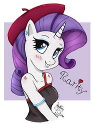 Size: 900x1200 | Tagged: safe, artist:joakaha, rarity, anthro, g4, beatnik rarity, beret, clothes, earring, hat, heart, tank top