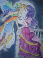 Size: 1904x2560 | Tagged: safe, artist:purplerdeath, rainbow dash, rarity, human, g4, clothes, dress, female, gala dress, humanized, kissing, lesbian, ship:raridash, shipping, skinny, thin