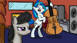 Size: 3840x2160 | Tagged: safe, artist:lethal-doorknob, dj pon-3, octavia melody, vinyl scratch, g4, cello, musical instrument, speaker, turntable