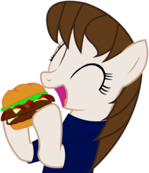 Size: 762x888 | Tagged: safe, artist:totallynotabronyfim, oc, oc only, oc:dj martinez, fanfic:all-american girl, bacon double cheeseburger, burger, cheeseburger, hamburger, happy, meat, omnivore, ponies eating meat