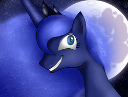 Size: 950x717 | Tagged: safe, artist:bizarrepony, princess luna, pony, g4, female, mare in the moon, moon, solo, trollface, trolluna