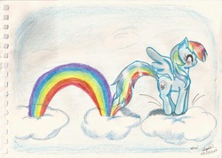 Size: 1274x908 | Tagged: safe, artist:nami, rainbow dash, g4, cloud, cloudy, jumping, pixiv, traditional art