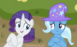 Size: 1024x628 | Tagged: dead source, safe, artist:superfluttershy100, rarity, trixie, pony, unicorn, g4, blue hair, cute, diatrixes, female, hat, lesbian, mare, multicolored hair, on back, open mouth, raribetes, rarixie, shipping, smiling