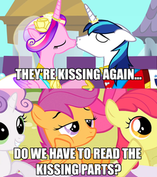 Size: 1280x1440 | Tagged: safe, apple bloom, princess cadance, scootaloo, shining armor, sweetie belle, alicorn, earth pony, pegasus, pony, unicorn, g4, female, image macro, kiss on the lips, kissing, male, mare, stallion, the princess bride