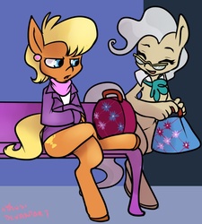 Size: 707x785 | Tagged: safe, artist:vertizontal, mayor mare, ms. harshwhinny, earth pony, anthro, g4, 30 minute art challenge, bag, bench, clothes, duo, duo female, female, glasses, sitting
