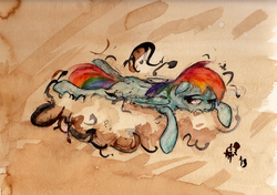 Size: 3341x2346 | Tagged: safe, artist:il-phantom, rainbow dash, pony, g4, chinese, cloud, female, sleepy, solo, traditional art, watercolor painting